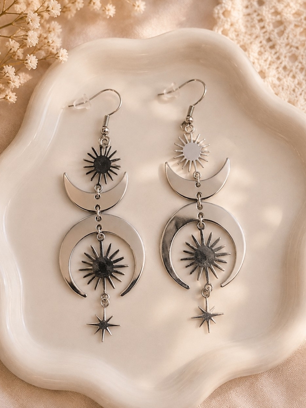 Silver Celestial Sun Moon & Star Dangle Earrings | Boho Witchy New